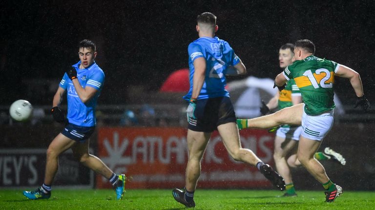 5 February 2022; Dara Moynihan of Kerry shoots to score his side's first goal during the Allianz Football League Division 1 match between Kerry and Dublin at Austin Stack Park in Tralee, Kerry. Photo by Stephen McCarthy/Sportsfile