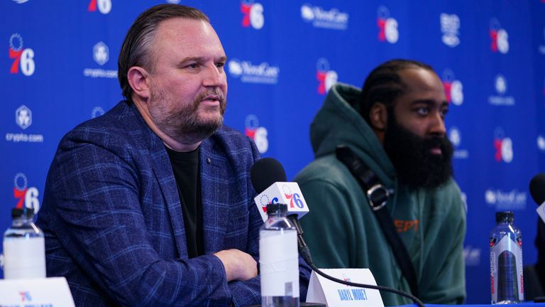 Daryl Morey speaks to the media as James Harden is introduced as a Philadelphia 76ers player