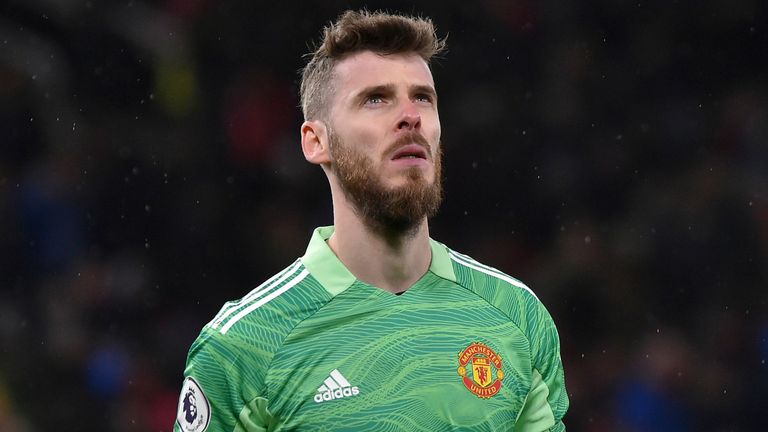 El portero del Manchester United, David de Gea, durante el partido de fútbol de la Premier League entre el Manchester United y el Brighton & Hove Albion en Old Trafford en Manchester, Inglaterra, el martes 15 de febrero de 2022. (AP Photo/Rui Vieira) ..