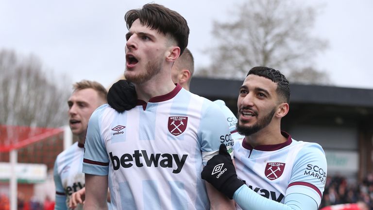 Declan Rice and his West Ham team-mates celebrate their late equaliser