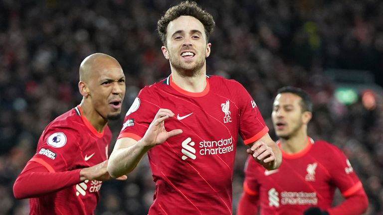 Diogo Jota celebrates scoring for Liverpool against Leicester