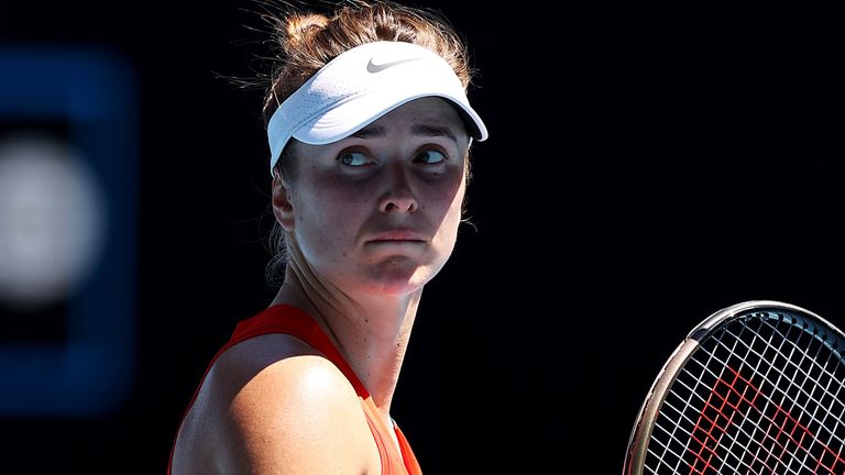 Elina Svitolina of the Ukraine reacts in her second round singles match against Harmony Tan of France during day three of the 2022 Australian Open at Melbourne Park on January 19, 2022 in Melbourne, Australia. (Photo by Cameron Spencer/Getty Images)