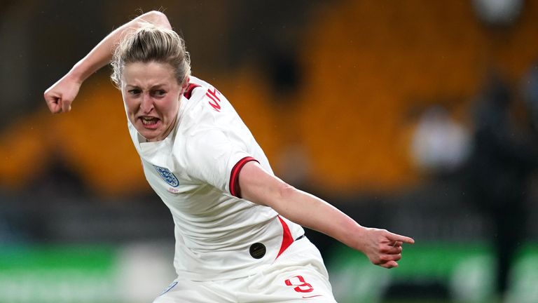 England's Ellen White celebrates scoring against Germany