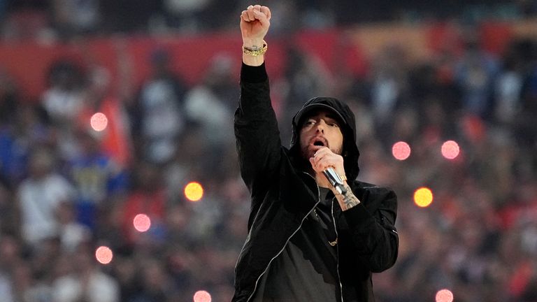 Eminem performs during the Super Bowl LVI half-time show