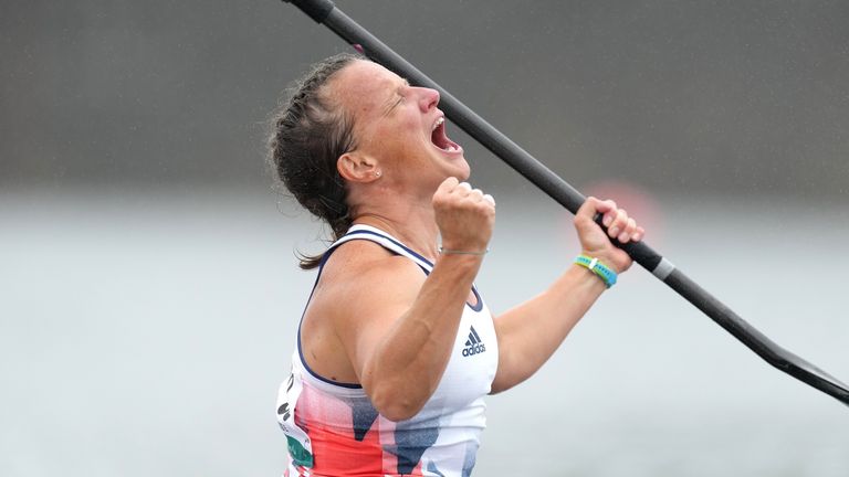Great Britain's Emma Wiggs celebrates winning the gold medal in the Women's Va'a Single 200m - VL2 Final A at the Sea Forest Waterway during day ten of the Tokyo 2020 Paralympic Games in Japan. Picture date: Friday September 3, 2021.