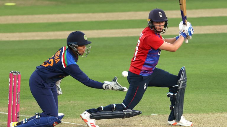 England Women v India Women - Third IT20 - The Cloudfm County Ground
England's Nat Sciver (right) in action during the third Vitality IT20 match at The Cloudfm County Ground, Chelmsford. Picture date: Wednesday July 14, 2021.