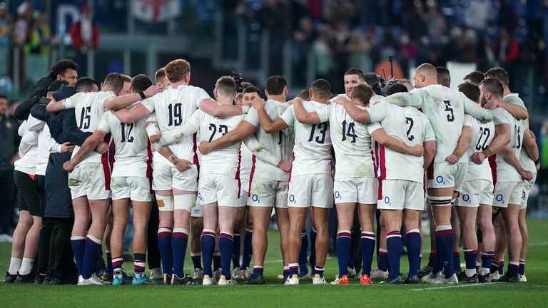 Italy v England - Guinness Six Nations - Stadio Olimpico
England players in a group huddle after the Guinness Six Nations match at Stadio Olimpico in Rome, Italy. Picture date: Sunday February 13, 2022.