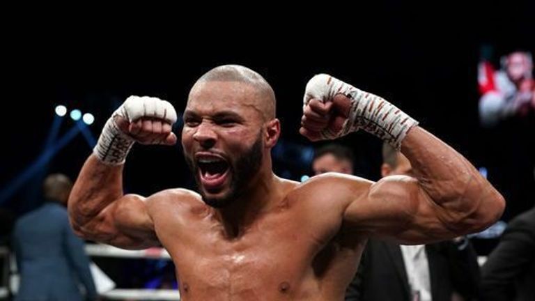 Chris Eubank Jr celebrates victory against Liam Williams in the middleweight contest at the Motorpoint Arena Cardiff. 