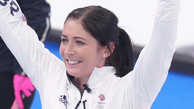 Eve MUIRHEAD (R)  of the Great Britain team  celebrates  after defeating Japan during the the Women's Curling Final at National Aquatics Centre in Beijing, China on Feb. 20, 2022. Britain claimed the gold medal while Japan captured the silver medal.  ( The Yomiuri Shimbun via AP Images )