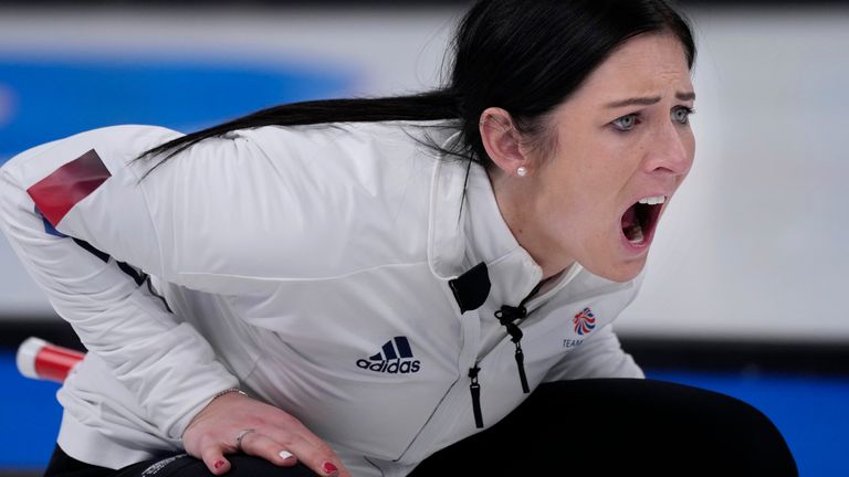 Britain's Eve Muirhead, directs her teammates, during the women's curling match against South Korea, at the 2022 Winter Olympics, Friday, Feb. 11, 2022, in Beijing. (AP Photo/Nariman El-Mofty)