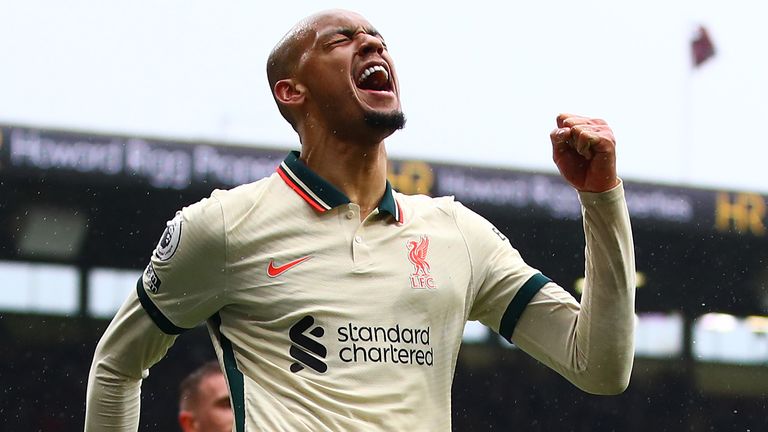 Fabinho celebrates after giving Liverpool the lead at Turf Moor