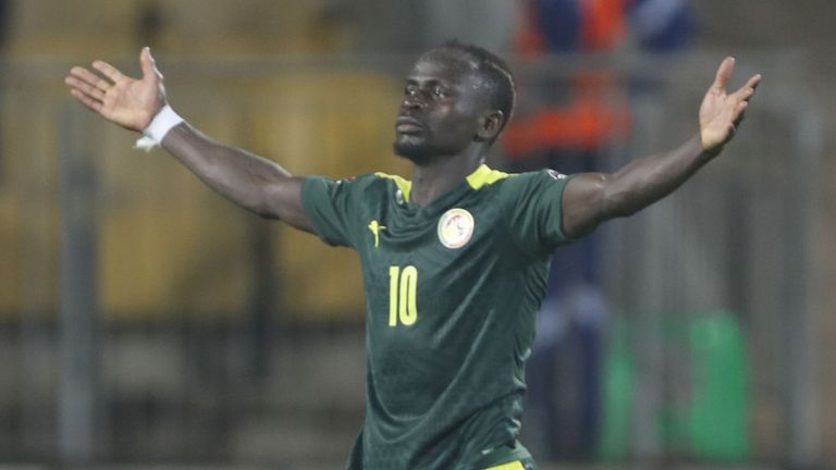 Sadio Mane (10) of Senegal celebrates after scoring a goal during the Africa Cup of Nations (CAN) 2021 semi final football match against Burkina Faso at Stade Ahmadou-Ahidjo in Yaounde, Cameroon on February 2, 2022.