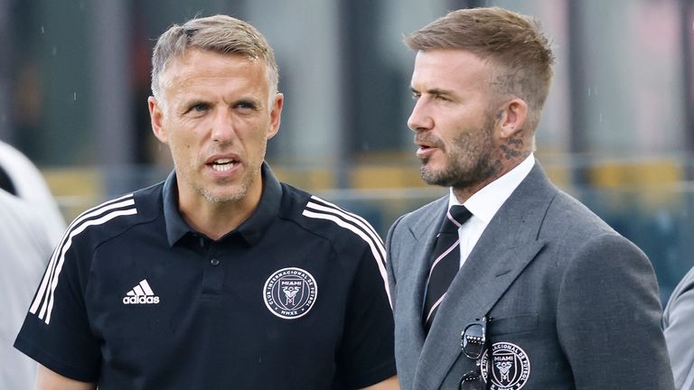 Head coach Phil Neville of Inter Miami CF talks with owner David Beckham prior to the game against CF Montreal at DRV PNK Stadium on May 12, 2021 in Fort Lauderdale, Florida.