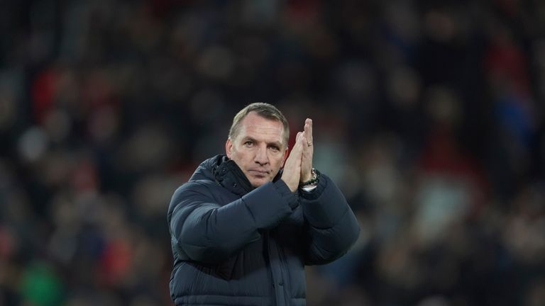 eicester's manager Brendan Rodgers wavers fans at the end of the English Premier League soccer match between Liverpool and Leicester City at Anfield stadium