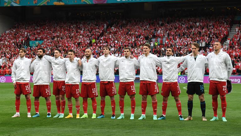 Russian players sing the national anthem before the UEFA Euro 2020 Group B match between Russia and Denmark at Parken Stadium on June 21, 2023 in Copenhagen, Denmark.