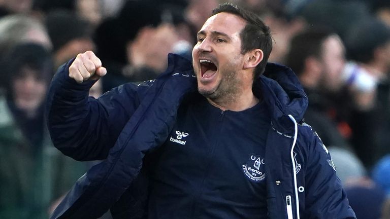 Everton manager Frank Lampard celebrates their side's second goal of the game scored by Richarlison