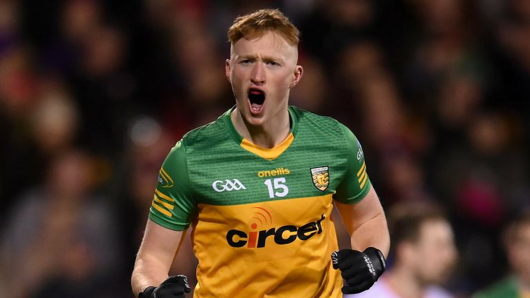 26 February 2022; Oisin Gallen of Donegal celebrates scoring a point during the Allianz Football League Division 1 match between Donegal and Tyrone at MacCumhaill Park in Ballybofey, Donegal. Photo by Stephen McCarthy/Sportsfile