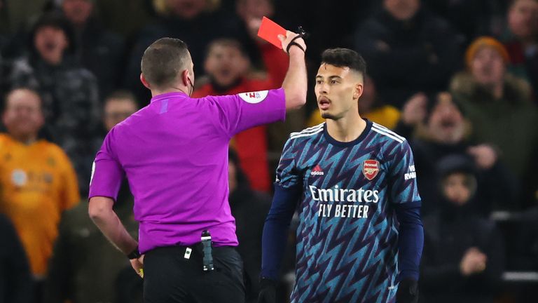 Gabriel Martinelli is sent off for two bookable offences in the same passage of play during Arsenal's game at Wolves