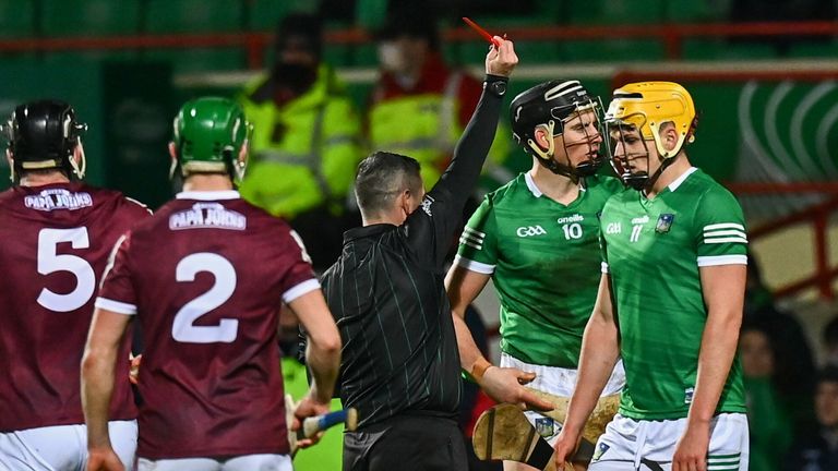 Gearoid Hegarty of Limerick is shown a red card by referee Fergal Horgan