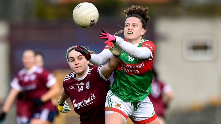 27 February 2022; Kathryn Sullivan of Mayo in action against Andrea Trill of Galway during the Lidl Ladies Football National League Division 1 match between Galway and Mayo at Tuam Stadium in Galway. Photo by Ben McShane/Sportsfile 