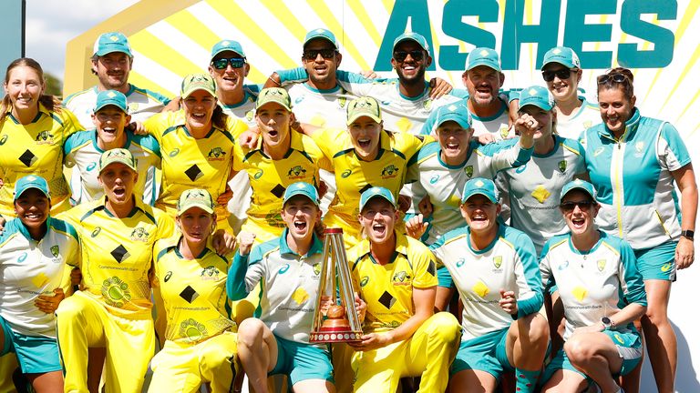 Australia celebrate with the trophy after winning the Women's Ashes