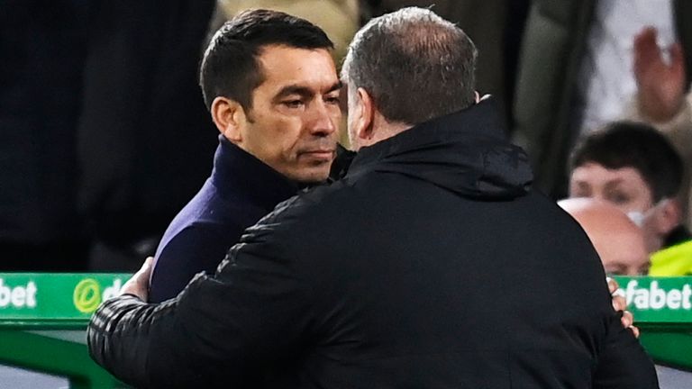 GLASGOW, SCOTLAND - FEBRUARY 02: Celtic Manager Ange Postecoglou and Giovanni van Bronckhorst shake hands during a cinch Premiership match between Celtic and Rangers at Celtic Park, on February 02, 2022, in Glasgow, Scotland. (Photo by Rob Casey / SNS Group)
