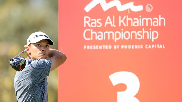 FEBRUARY 05: Nicolai Hojgaard of Denmark plays his tee shot on the third hole during day three of the Ras al Khaimah Championship presented by Phoenix Capital at Al Hamra Golf Club on February 05, 2022 in Ras al Khaimah, United Arab Emirates.