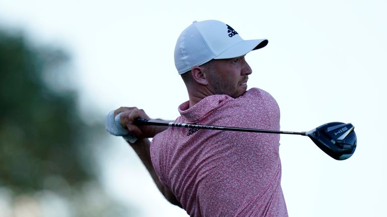 Daniel Berger hits from the 18th tee during the first round of the Honda Classic golf tournament