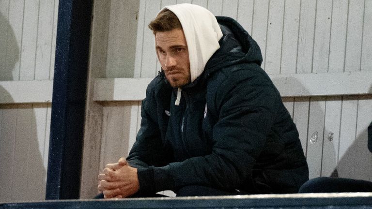 KIRKCALDY, SCOTLAND - FEBRUARY 01: Raith's new signing David Goodwillie watches on during a cinch Championship match between Raith Rovers and Queen of the South at Stark's Park, on February 01, 2022, in Kirkcaldy, Scotland. 