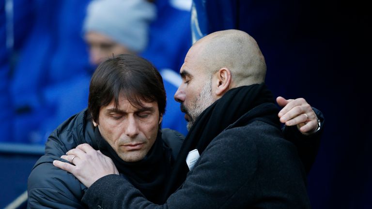  Manchester, United Kingdom - Antonio Conte manager of Chelsea greets Josep Guardiola manager of Manchester City during the premier league match at the Etihad Stadium, Manchester. 