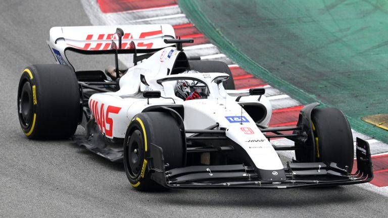 Nikita Mazepin drives the Haas after the team opted to remove its Russian colours and sponsorship from the car for the remainder of testing in Barcelona