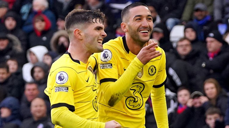 Chelsea&#39;s Hakim Ziyech (right) celebrates scoring, but his goal is ruled out by VAR