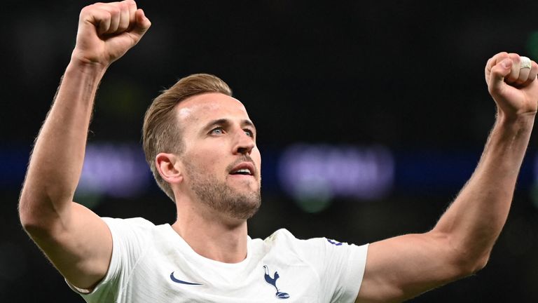 Tottenham Hotspur&#39;s English striker Harry Kane celebrates after scoring a goal during the FA Cup third round football match between Tottenham Hotspur and Brighton and Hove Albion at the Tottenham Hotspur Stadium in London, on February 5, 2022. 