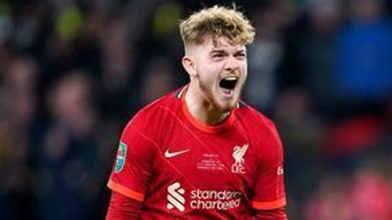 Liverpool & # 39; s Harvey Elliott celebrates after scoring the ninth penalty of the penalty shoot-out during the Carabao Cup final at Wembley Stadium, London.  Picture date: Sunday 27th February, 2022.