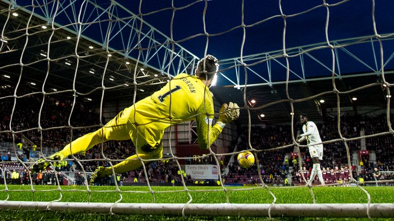 Hearts' Craig Gordon saves Livingston's Ayo Obileye's penalty