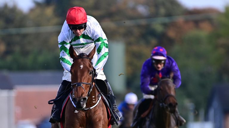 Hollow Games and Davy Russell win the Irish Stallion Farms EBF Maiden Hurdle at Down Royal