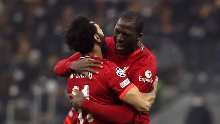 Mohamed Salah and Ibrahima Konate celebrate Liverpool's 2-0 win over Inter Milan in the San Siro