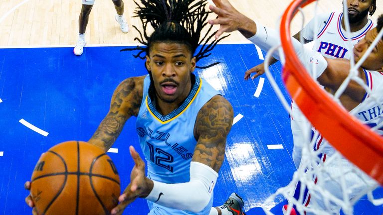 Ja Morant charges to the basket against the Philadelphia 76ers