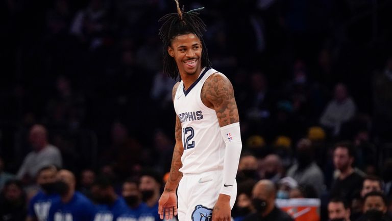 Memphis Grizzlies' Ja Morant reacts towards the end of the second half of an NBA basketball game against the New York Knicks, Wednesday, Feb. 2, 2022, in New York. The Grizzlies defeated the Knicks 