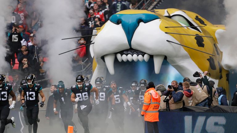 The Jacksonville Jaguars take the field ahead of their game against the Houston Texans at Wembley Stadium in November 2019