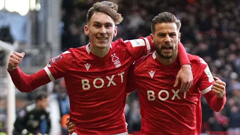 Nottingham Forest's Philip Zinckernagel (right) celebrates scoring their side's first goal of the game during the Emirates FA Cup fourth round match at the City Ground, Nottingham. Picture date: Sunday February 6, 2022.