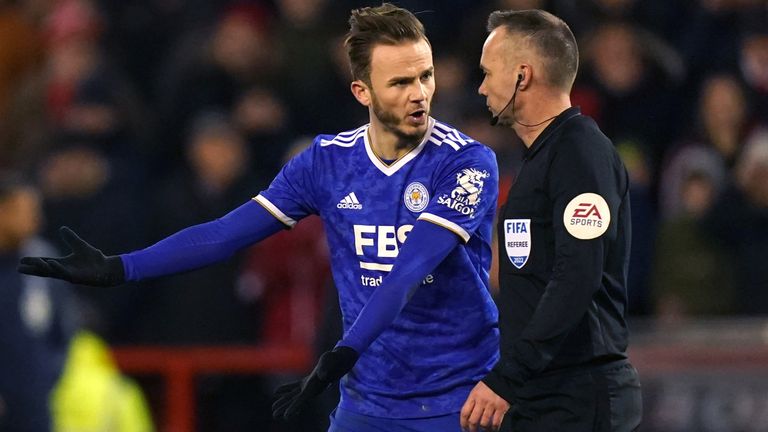 Leicester City's James Maddison appeals to referee Paul Tierney following the goal from Nottingham Forest's Djed Spence (not pictured) during the Emirates FA Cup fourth round match at the City Ground, Nottingham. Picture date: Sunday February 6, 2022.