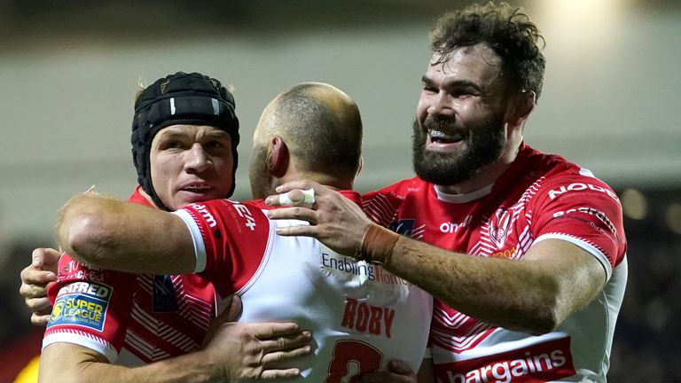 St Helens' James Roby celebrates scoring his side's second try against Catalans Dragons