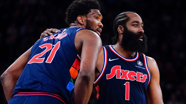 Joel Embiid, left, and James Harden, right, during a game for the Philadelphia 76ers against the New York Knicks in February 2022