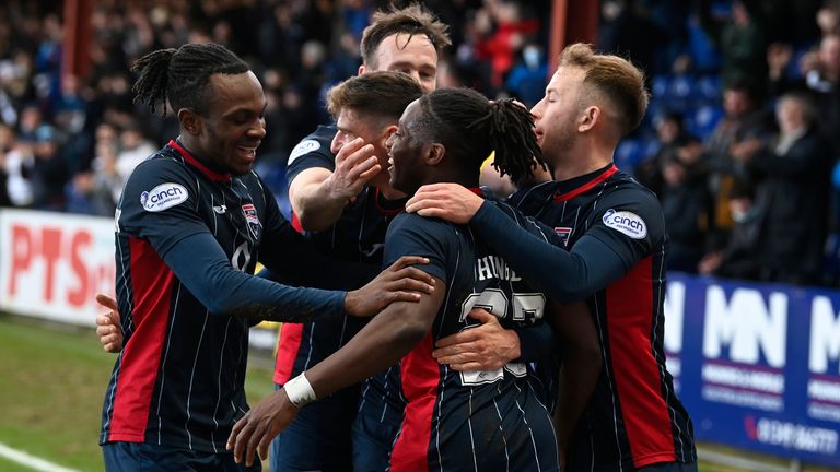 DINGWALL, SCOTLAND - FEBRUARY 26: Joseph Hungbo celebrates scoring to make it 3-1 Ross County during a Cinch Premiership match between Ross County and St. Johnstone at Victoria Park, on February 26, in Dingwall, Scotland.  (Photo by Rob Casey / SNS Group)