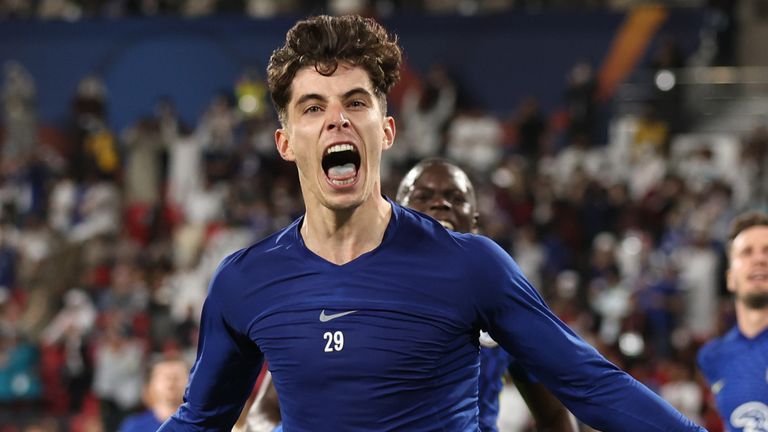 Kai Havertz celebrates after scoring a match-winning penalty in extra-time in the Club World Cup final