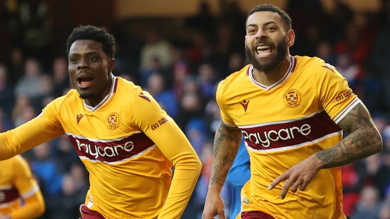 GLASGOW, SCOTLAND - FEBRUARY 27: Kaiyne Woolery celebrates after scoring to make it 2-2 during a Cinch Premiership match between Rangers and Motherwell at Ibrox Stadium, on February 27, in Glasgow, Scotland.  (Photo by Craig Williamson / SNS Group)