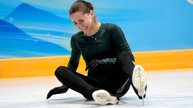 Kamila Valieva falls during training on Sunday (AP)