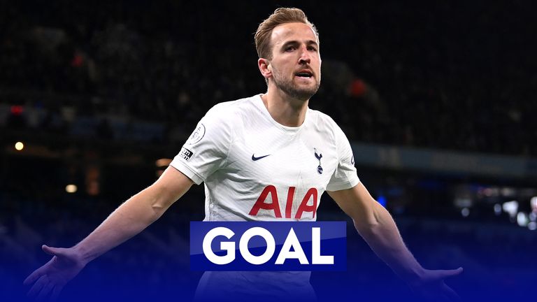 Kane scores his second for Tottenham against Manchester City. 