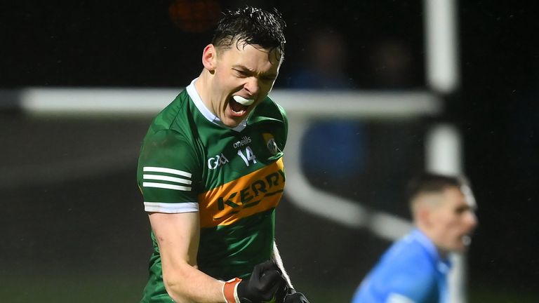 5 February 2022; David Clifford of Kerry celebrates a score during the Allianz Football League Division 1 match between Kerry and Dublin at Austin Stack Park in Tralee, Kerry. Photo by Stephen McCarthy/Sportsfile